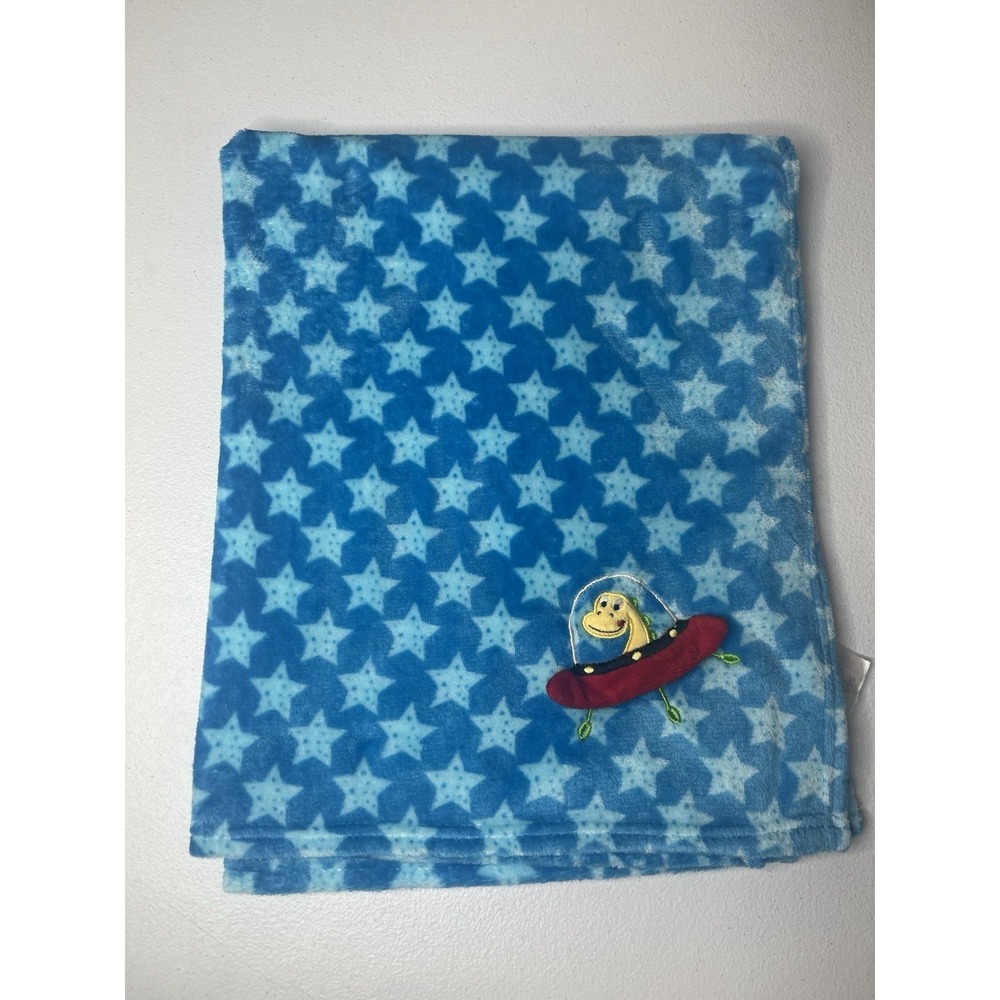 Le Bebe Favorite Blue Dinosaur UFO Stars Flying Saucer Spaceship Baby Blanket